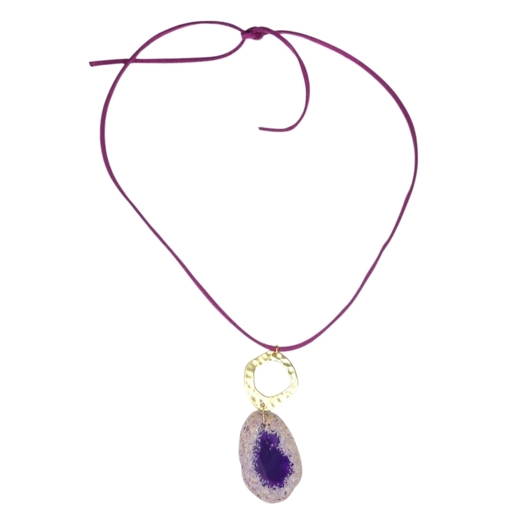Purple Agate Geode Slice Suede Cord Necklace